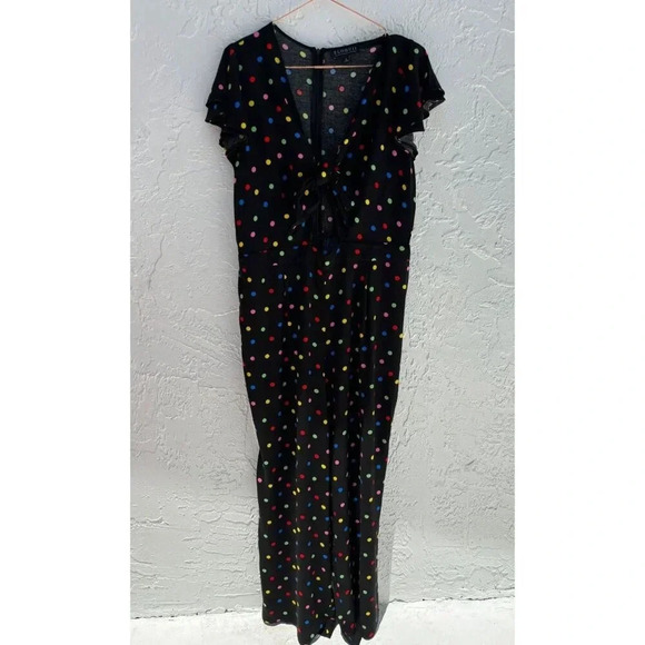 Eloquii Womens Flounce Sleeve Keyhole V Neck Polka Dot Jumpsuit Black Sz 14 - Picture 2 of 11